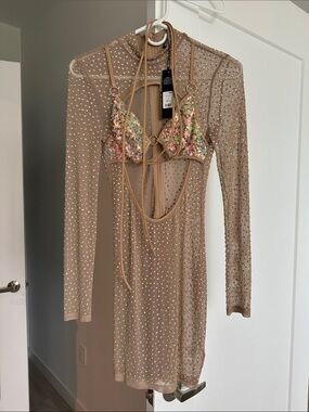 Fashion Nova Nude/Tan Sequin Mesh Midi Dress with Floral Sequin Bikini Top